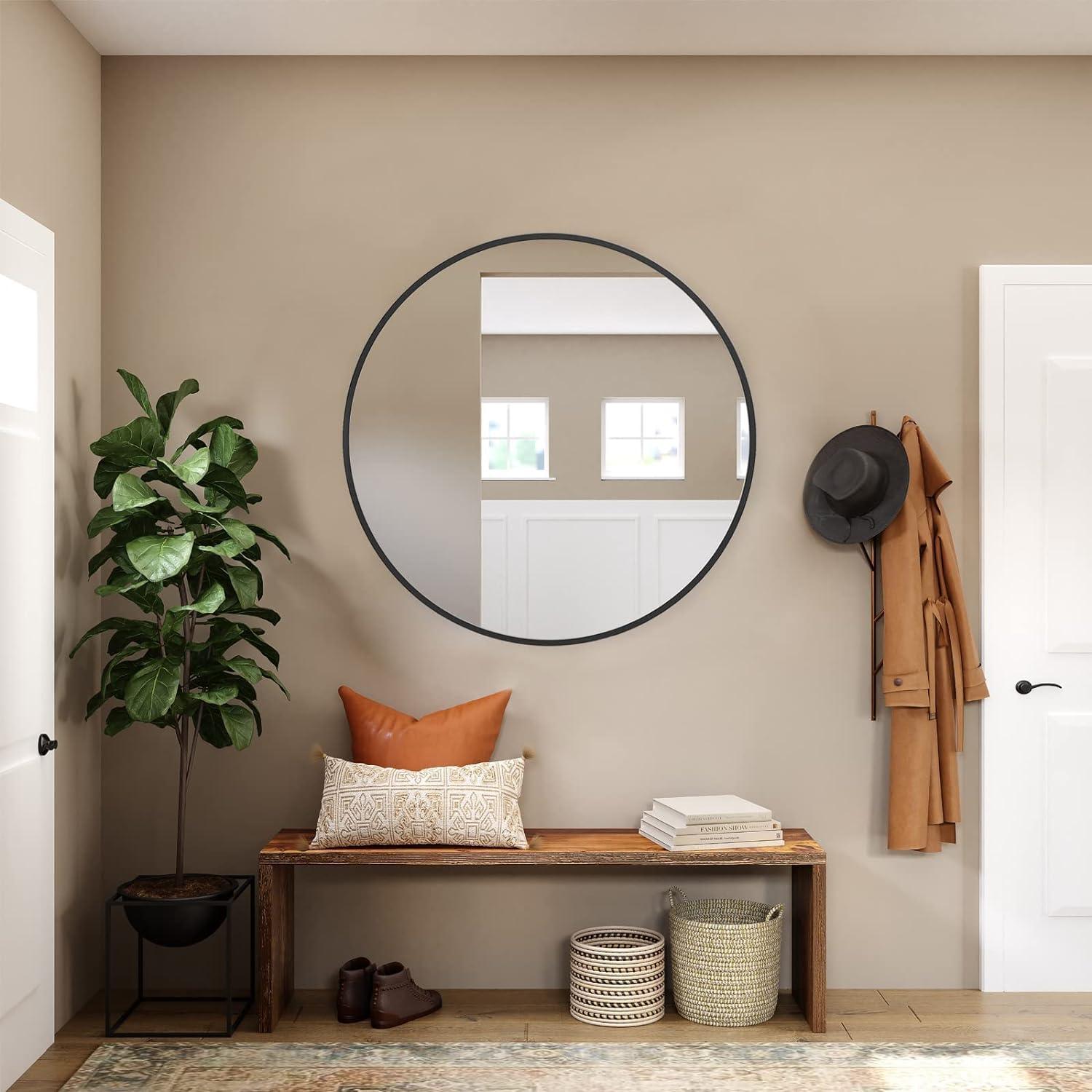 ZENIDA Round Wall Mirror – 50cm Black Metal Frame Modern Bathroom Decor