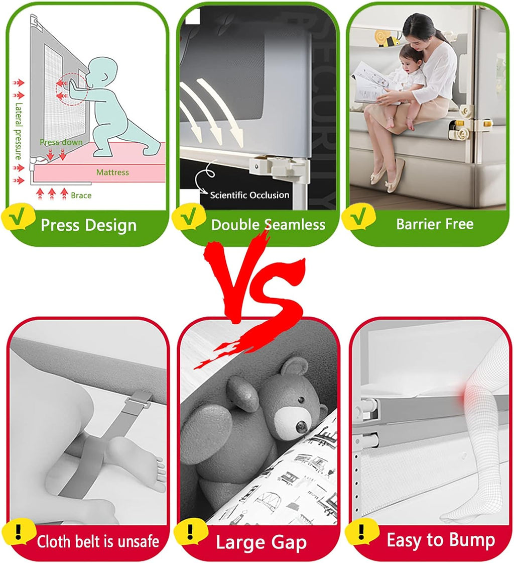 EAQ Toddler Bed Guard 150cm | No-Install Adjustable Gray Frog Rail