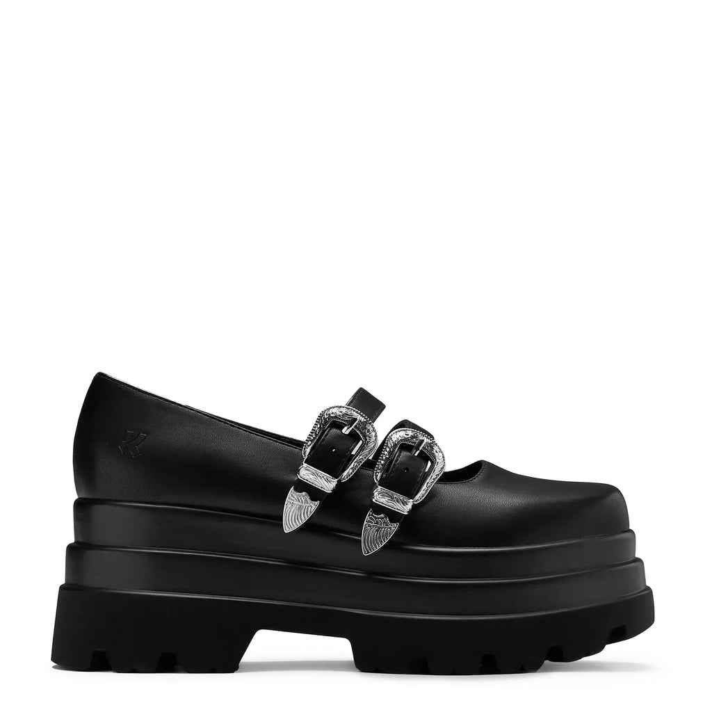Koi Damona Trident Black Platform Mary Janes with Ornate Buckles