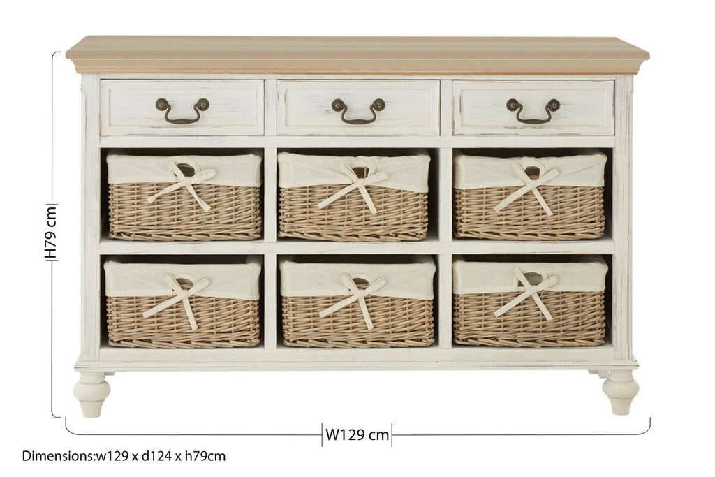 Orsina Hendra Storage Cabinet – Weathered White with 6 Willow Baskets