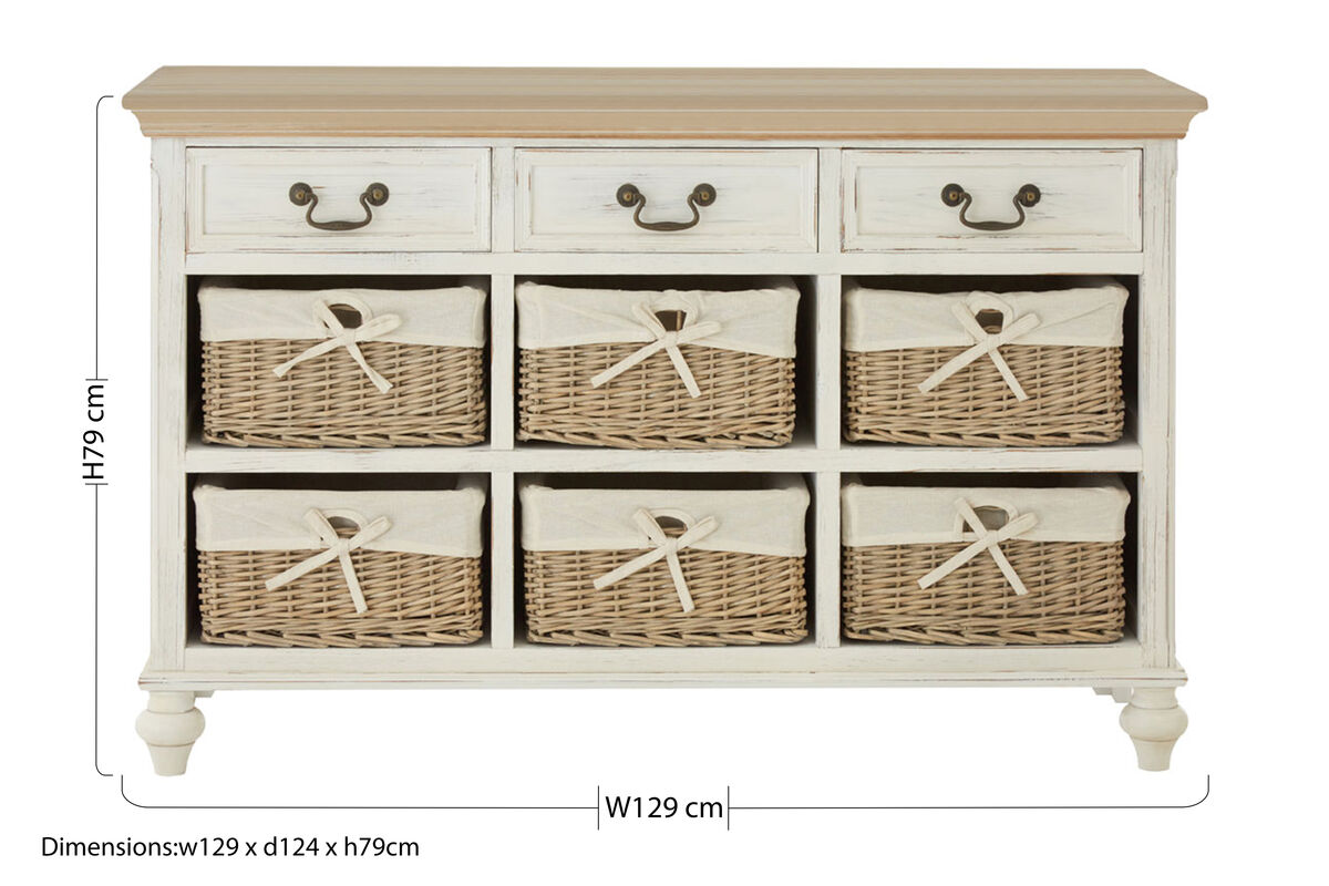 Orsina Hendra Storage Cabinet – Weathered White with 6 Willow Baskets