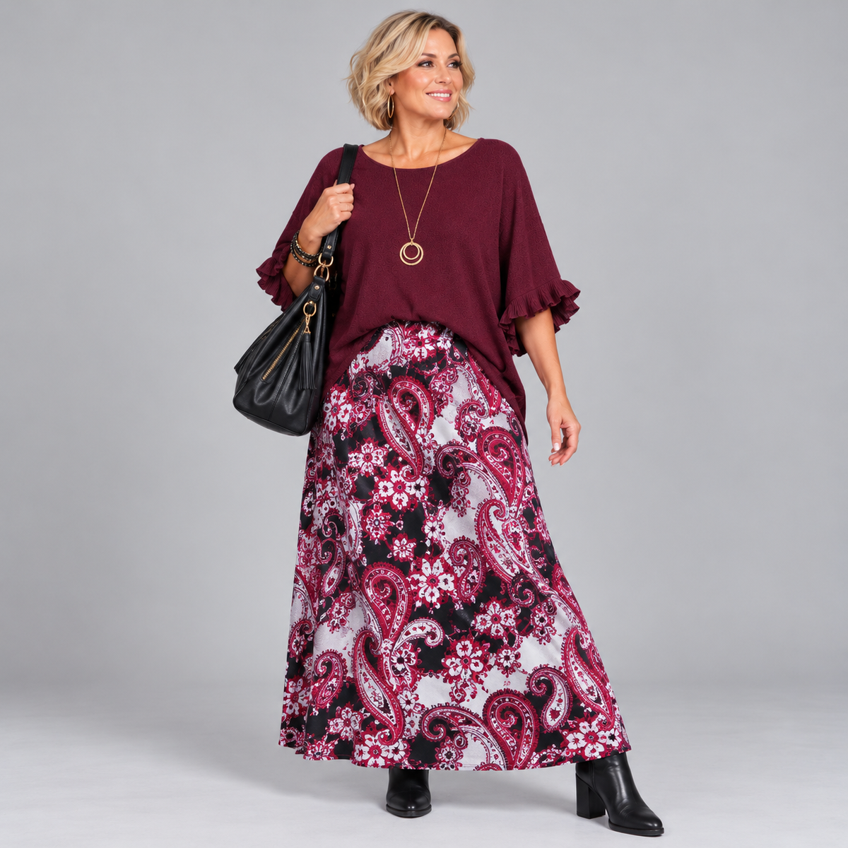 WINE PAISLEY LONG ELASTIC WAIST MAXI SKIRT