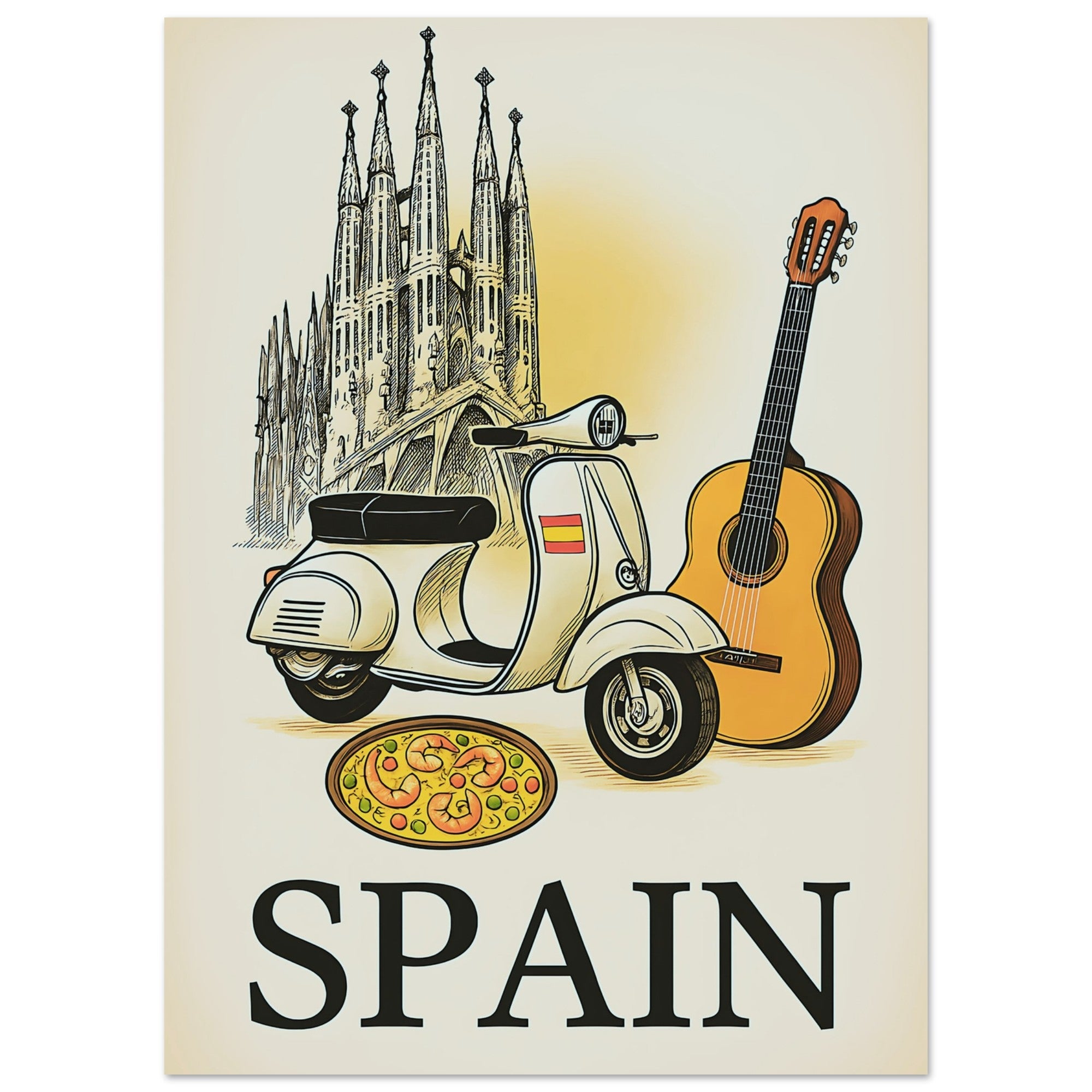 Vintage Spain Travel Poster – Guitar & Paella Wall Art – Spanish Home Decor