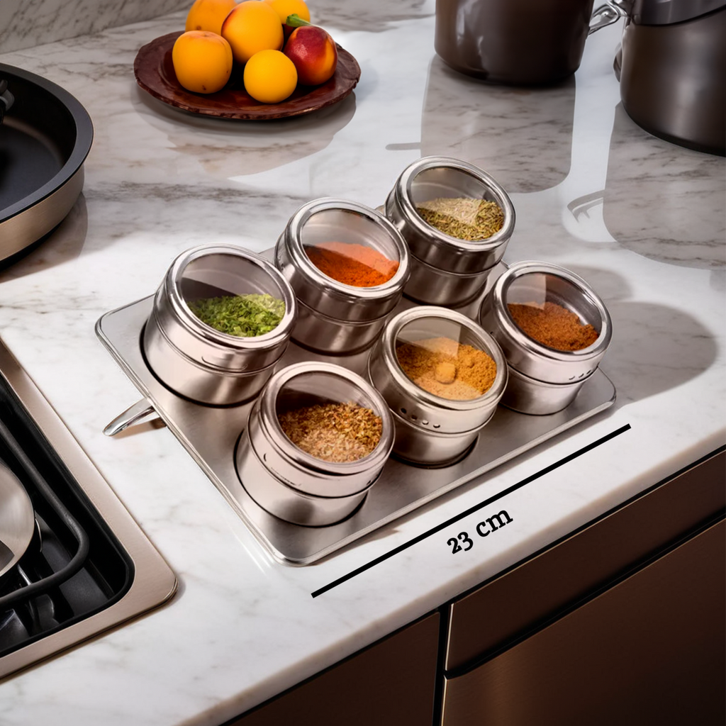 Orsina Magnetic Spice Jars with Oblong Tray – Stainless Steel Set