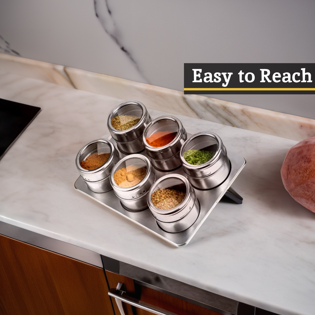 Orsina Magnetic Spice Jars with Oblong Tray – Stainless Steel Set