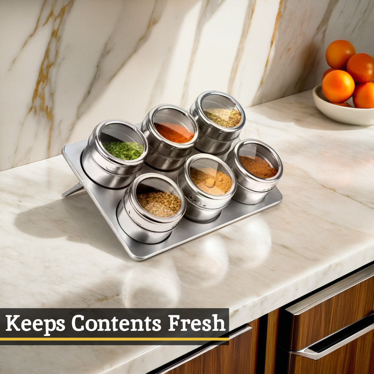Orsina Magnetic Spice Jars with Oblong Tray – Stainless Steel Set