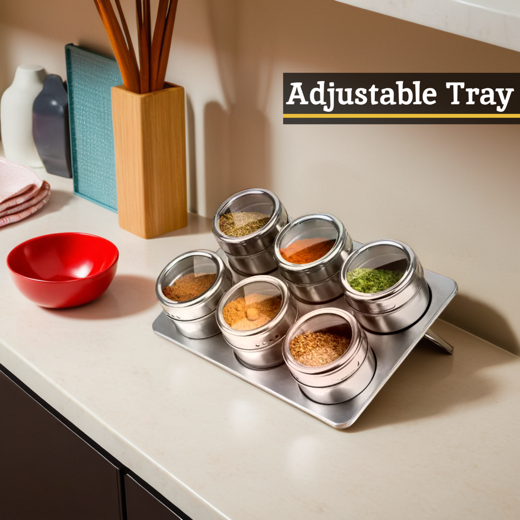 Orsina Magnetic Spice Jars with Oblong Tray – Stainless Steel Set