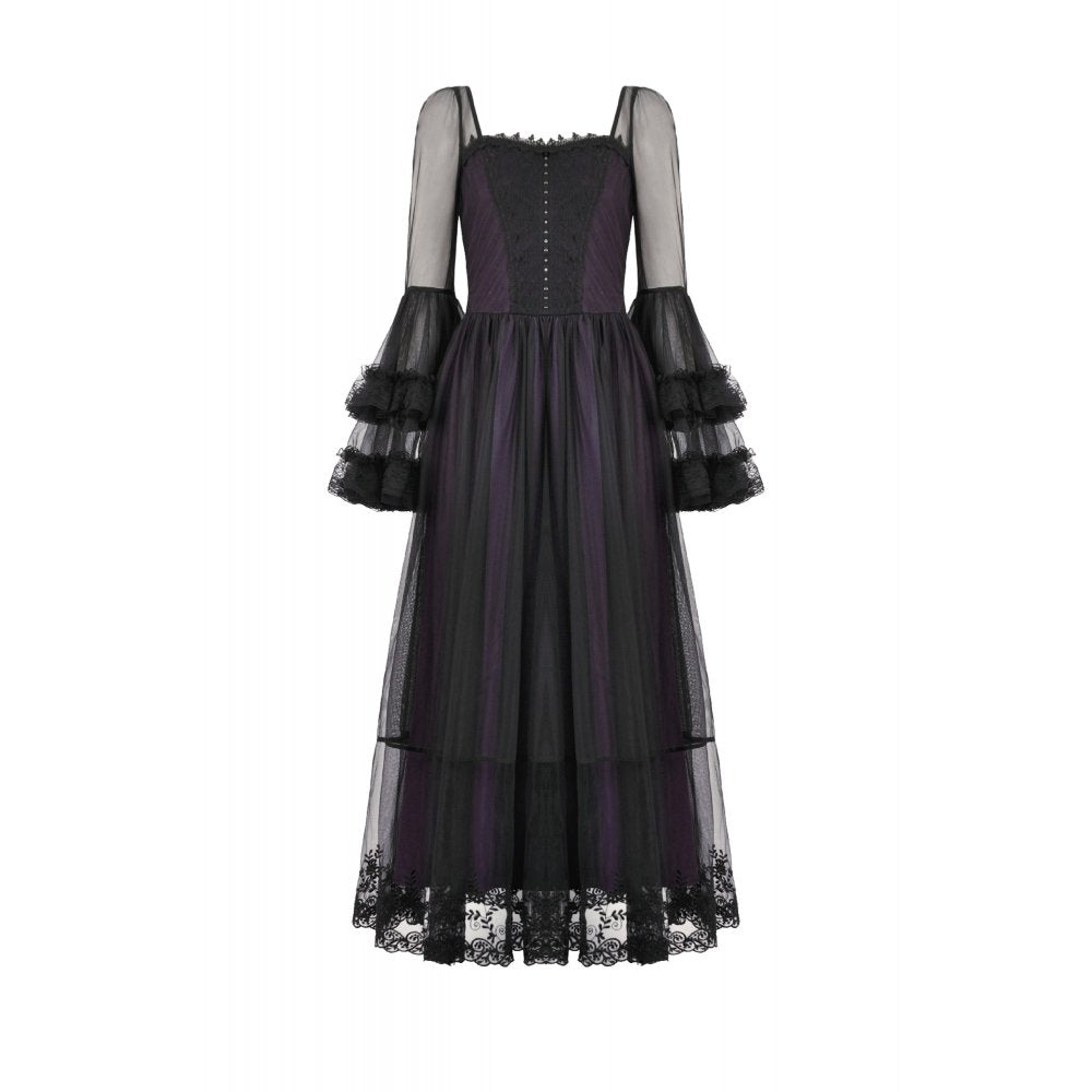 Dark in Love Lilith Gothic Maxi Dress – Black & Plum Bell Sleeve
