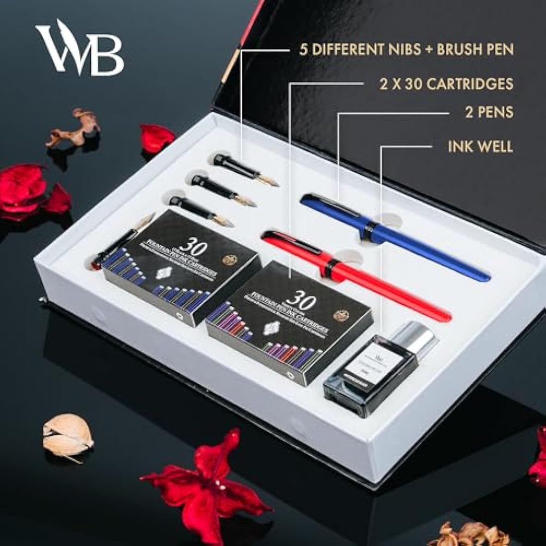 Wordsworth & Black Calligraphy Pen Set – 2 Pens, 60 Cartridges & Ink