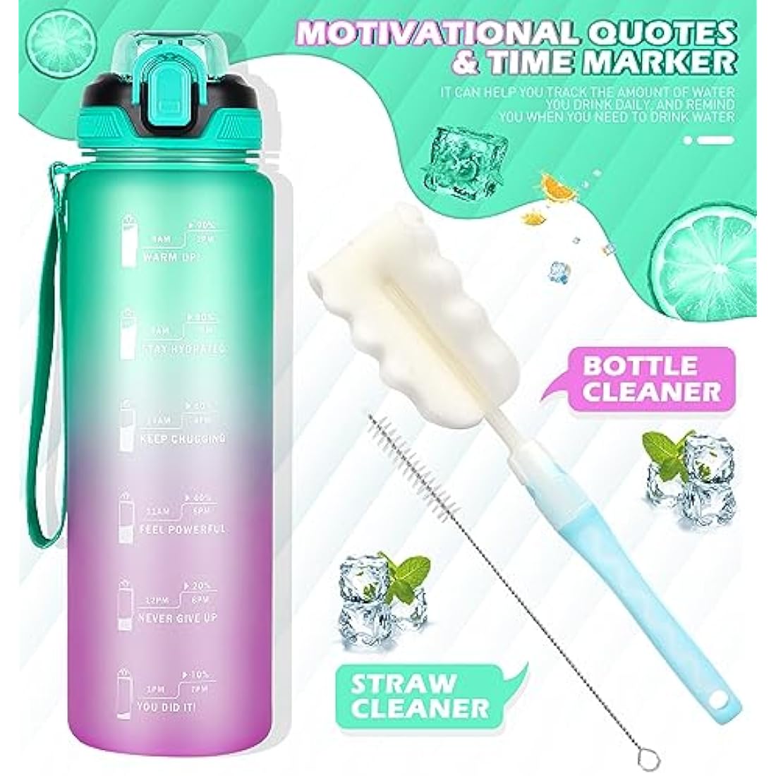 CodiCile 1L Water Bottle with Straw | Leak-proof Motivational Sports Bottle
