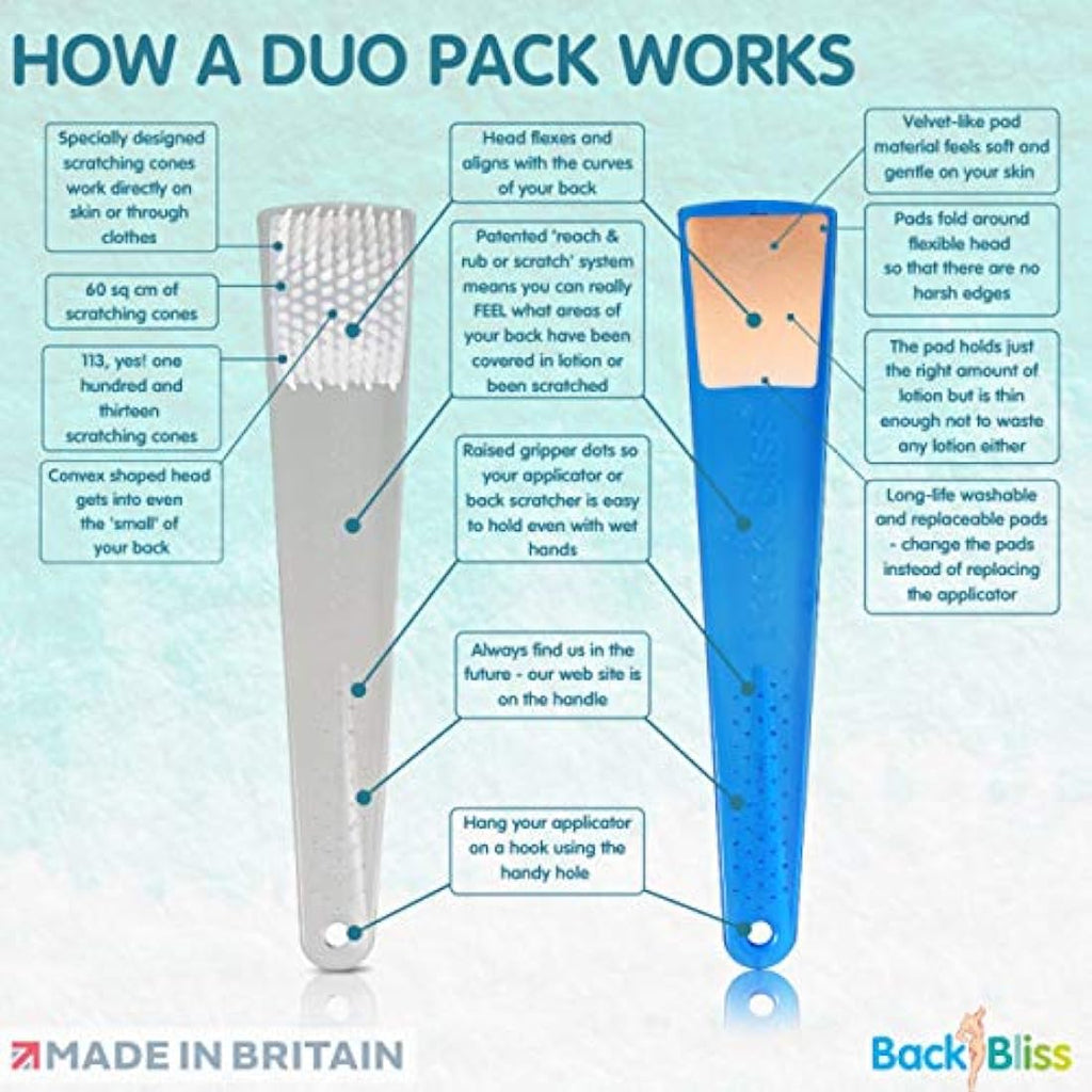 BackBliss Lotion Applicator and Back Scratcher Set - Clear Blue 2-Pack