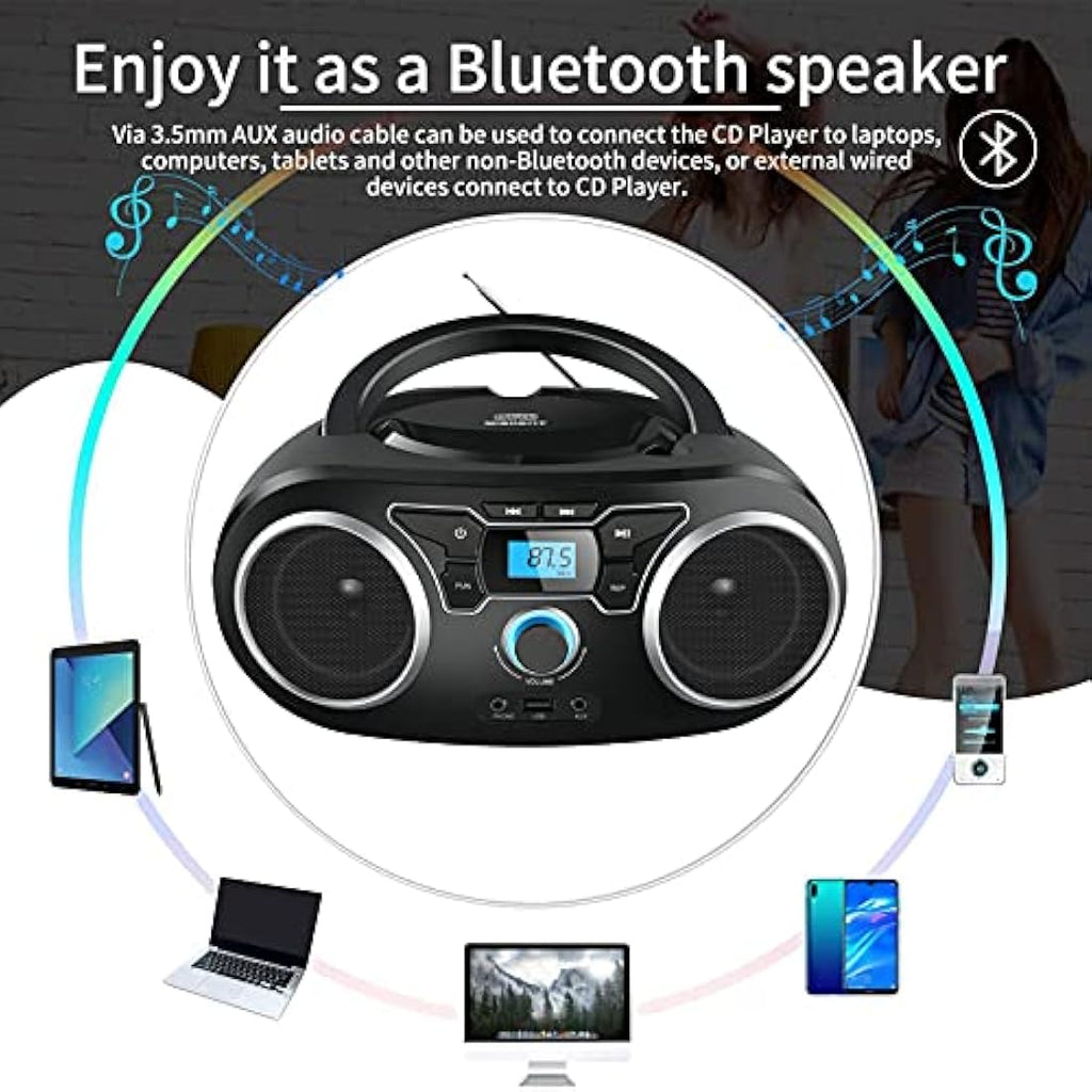 Portable CD Player – Bluetooth Boombox with FM Radio & USB