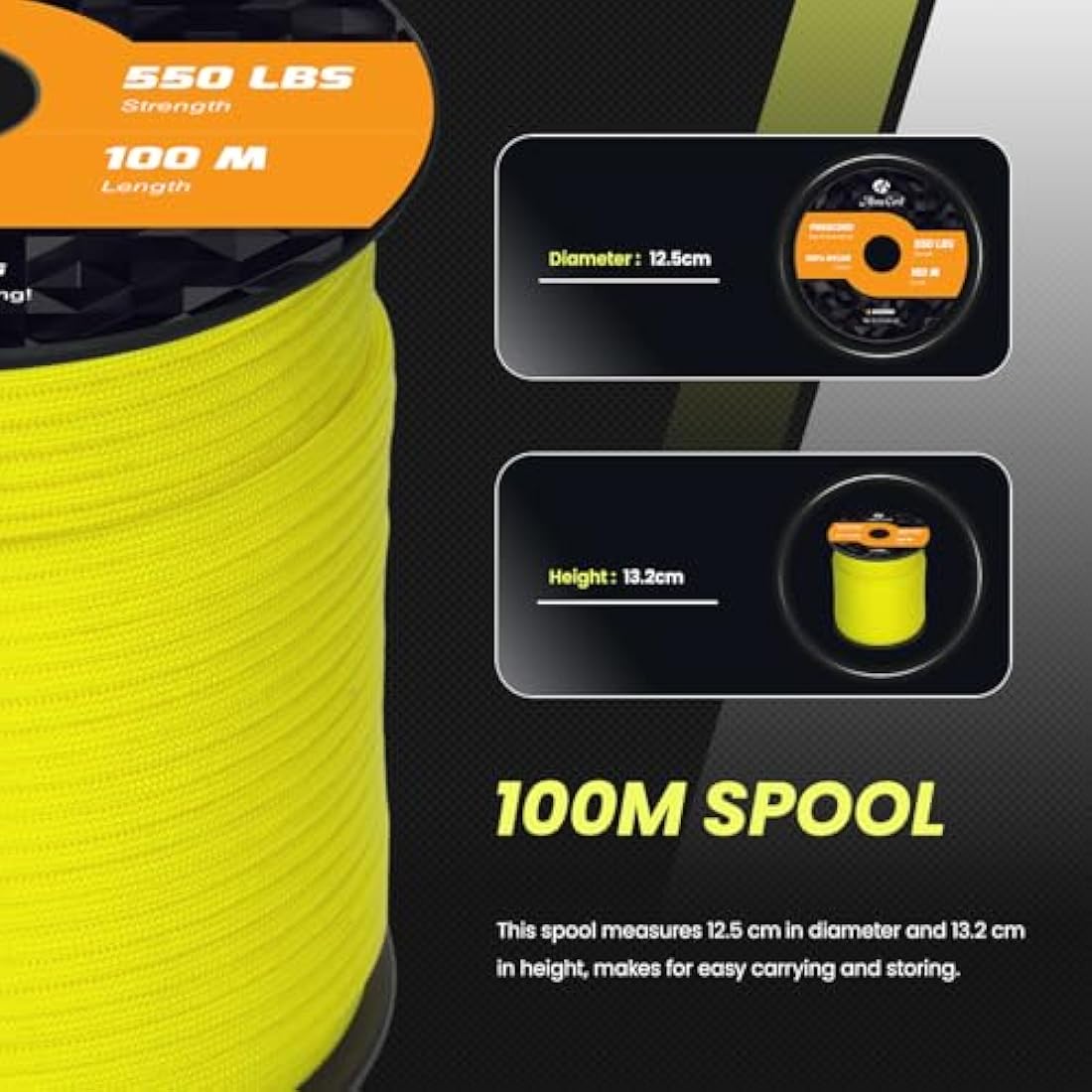 Abma Cord 550 Paracord – 100m Nylon Type III 7-Strand Rope, Neon Yellow