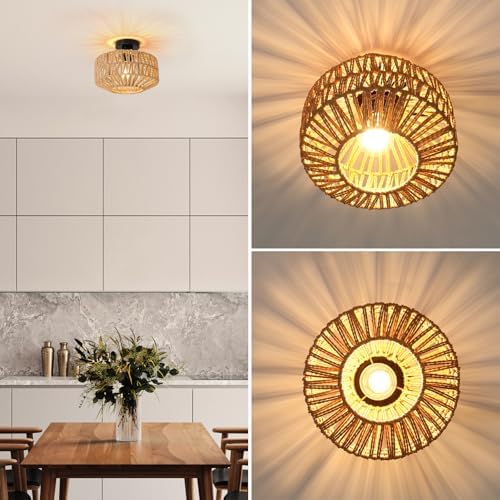 FORCOSO Rattan Ceiling Light – Boho Handwoven Wicker Lamp for Bedroom