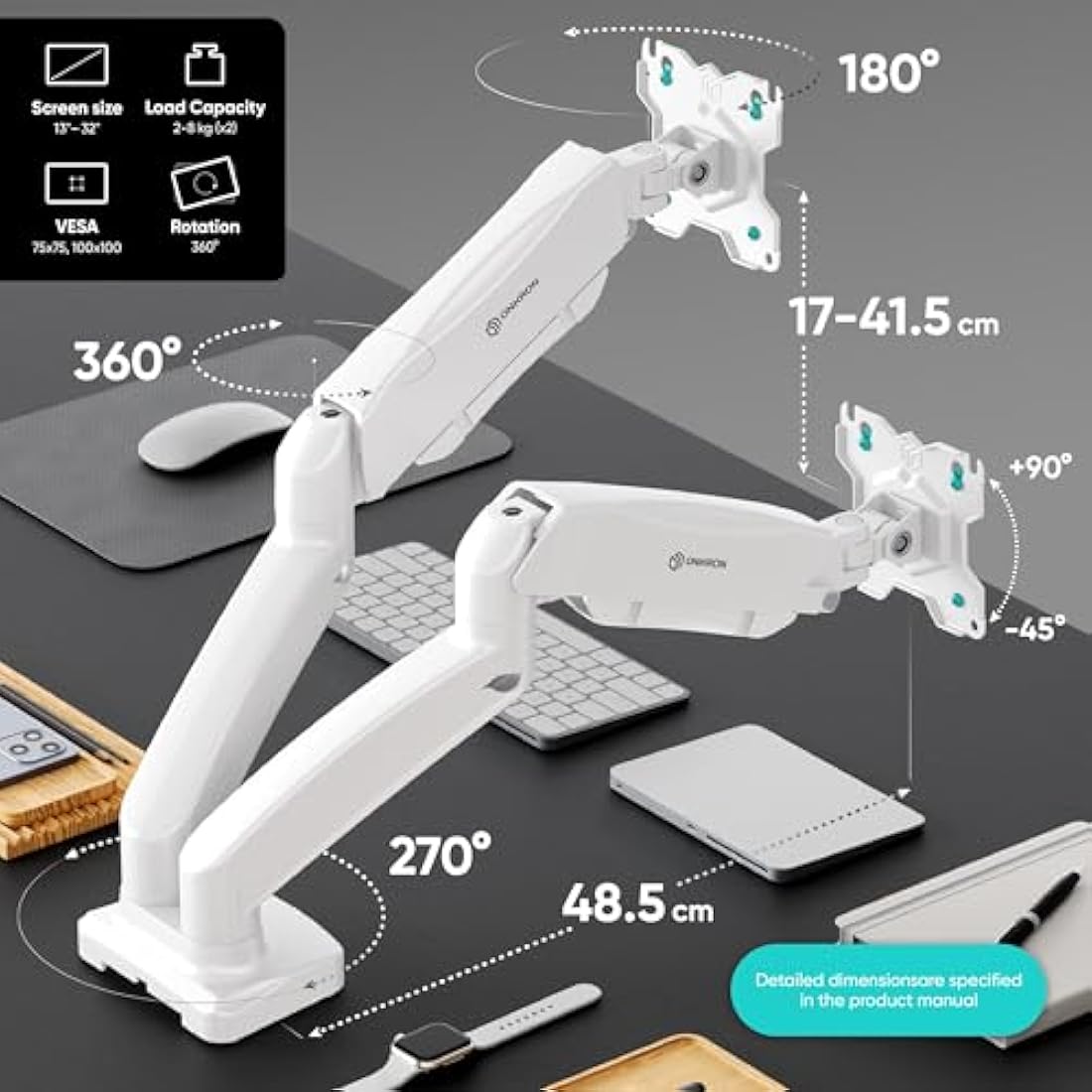ONKRON G160-W White Dual Monitor Arm – Gas Spring Desk Mount for 13-32"