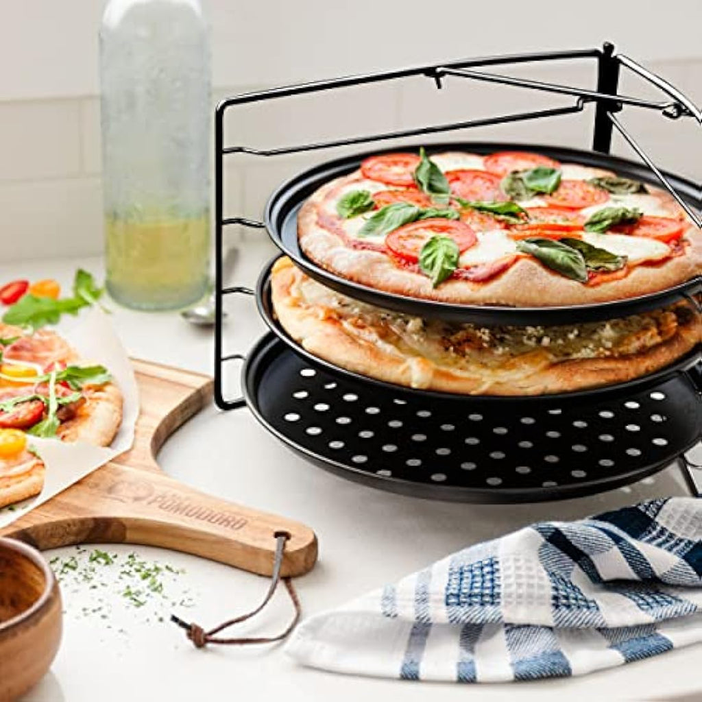 Chef Pomodoro 3-Tier Pizza Baking Set – Non-Stick Perforated 11" Pans