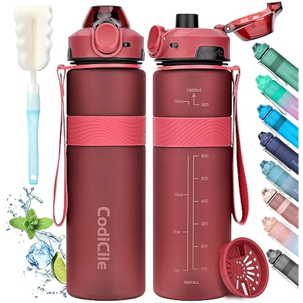 CodiCile 1L Sports Water Bottle – BPA Free Leak Proof Gym Bottle, Red