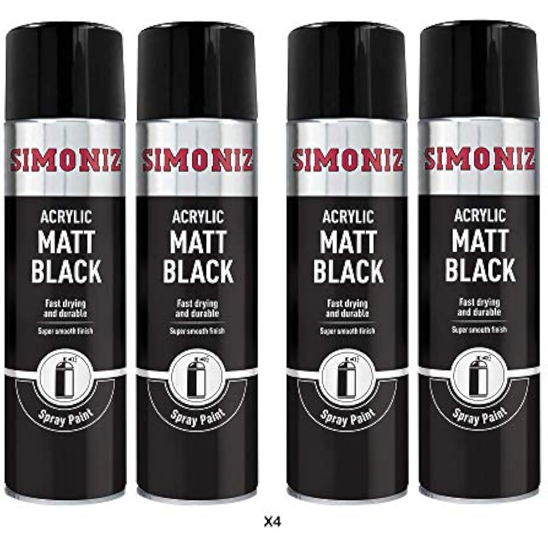 Simoniz Matt Black Acrylic Spray Paint for Automotive - 4 x 500ml