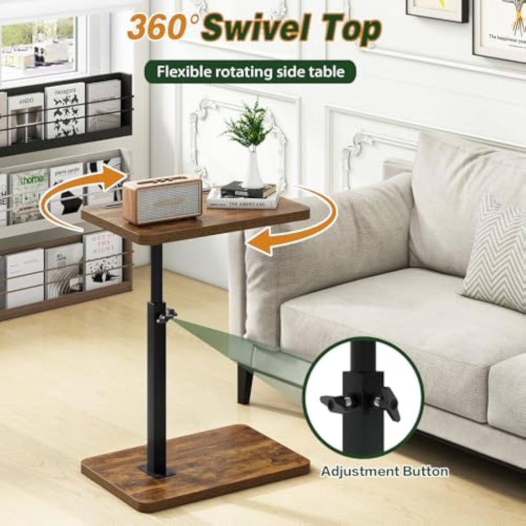 IBUYKE C Shaped Side Table – Swivel Height Adjustable End Table, Retro Brown