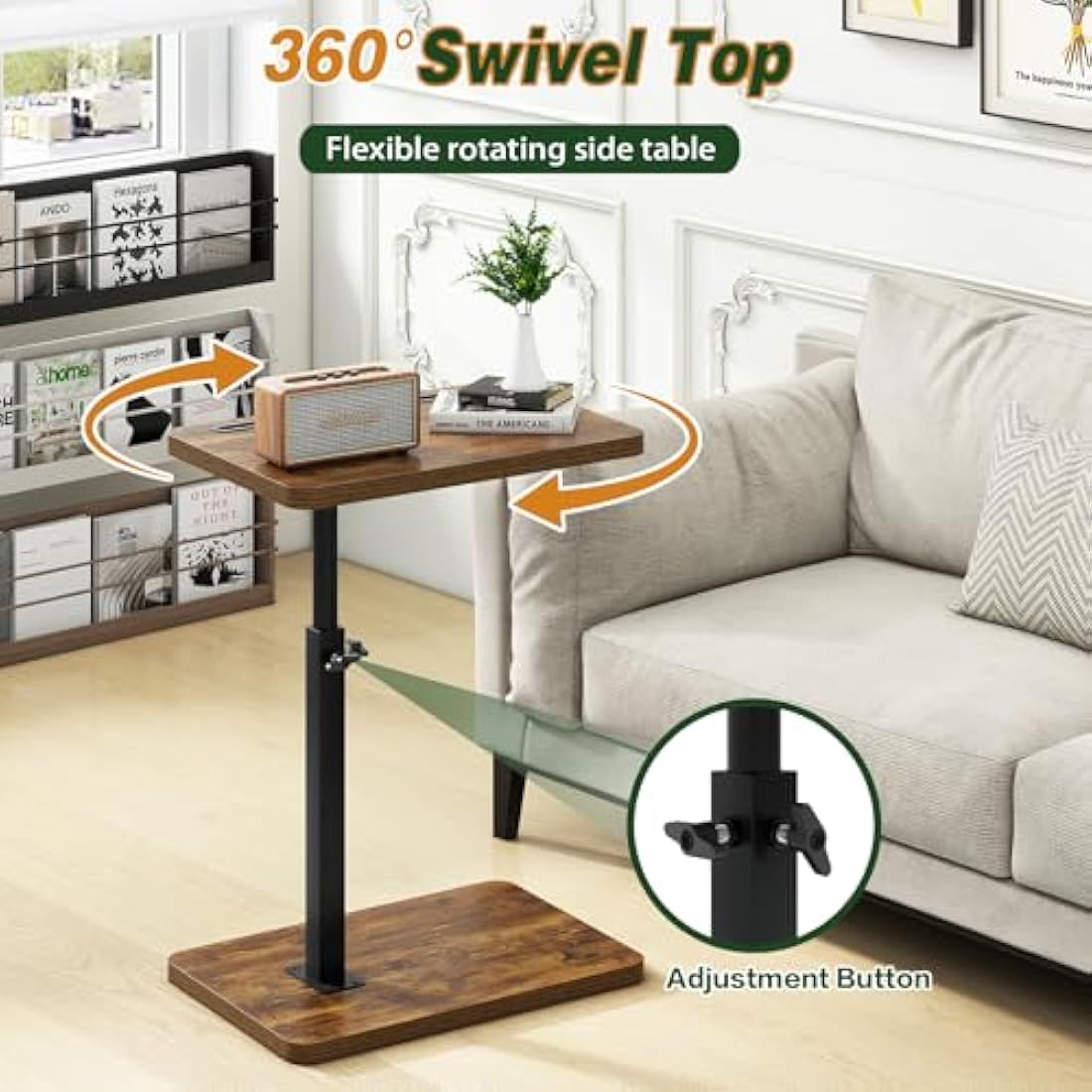 IBUYKE C Shaped Side Table – Swivel Height Adjustable End Table, Retro Brown