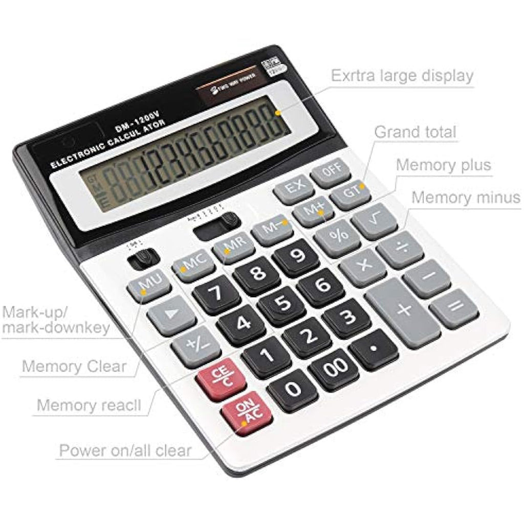 HIHUHEN 12-Digit Desktop Calculator – Solar & Battery Power – Big Button