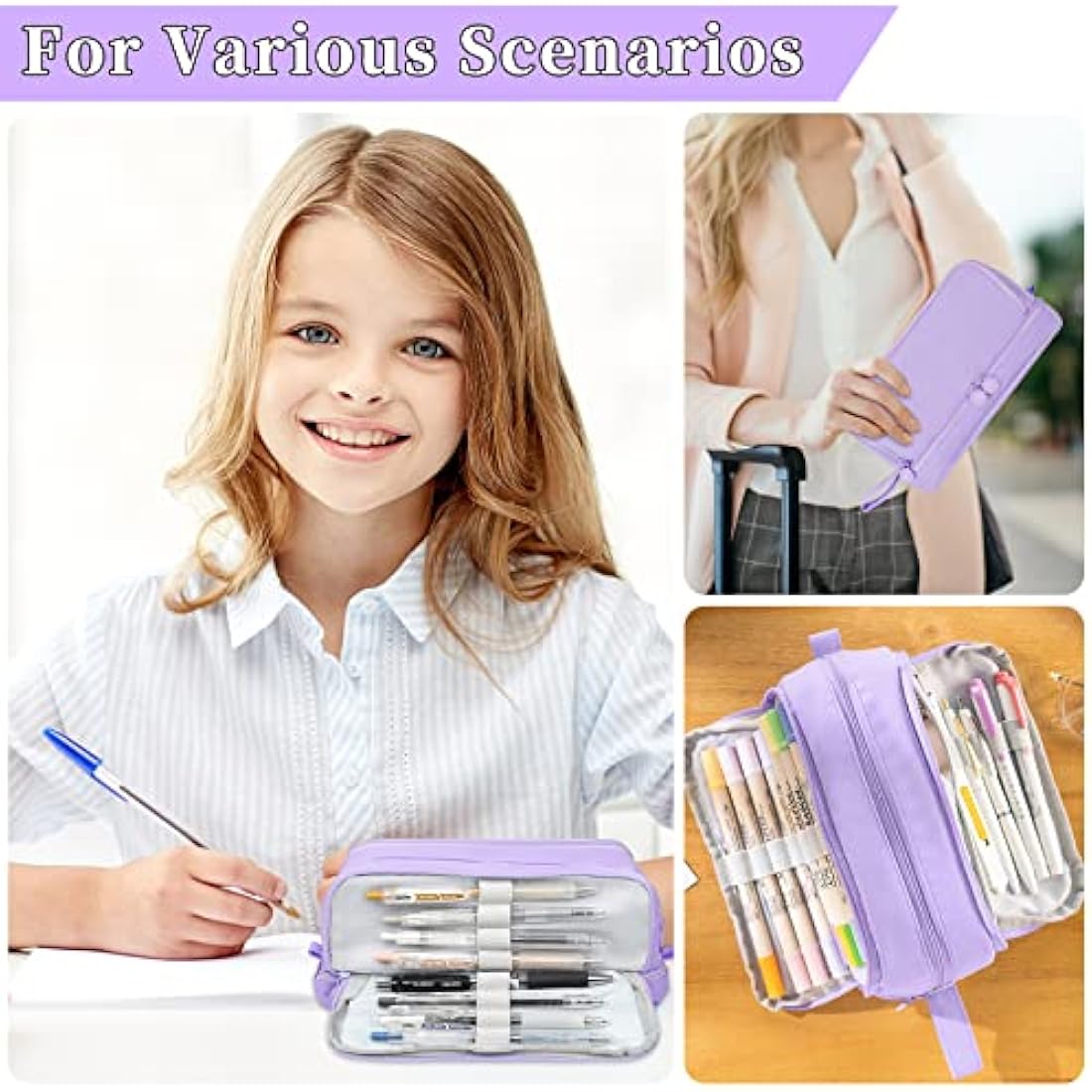 Tesmien Large Pencil Case | 4-Compartment Canvas Stationery Bag - Purple