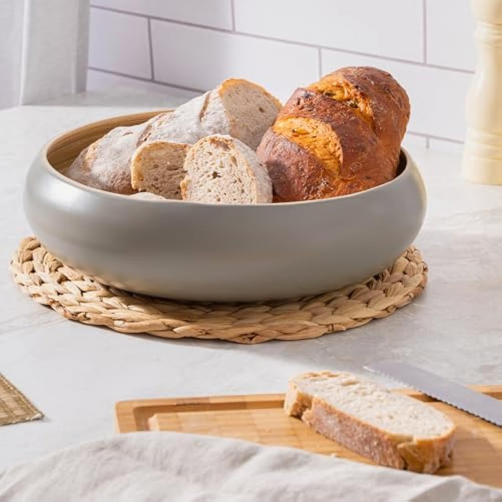 Dehaus Large 30cm Bamboo Fruit Bowl – Grey Wooden Salad Serving Bowl
