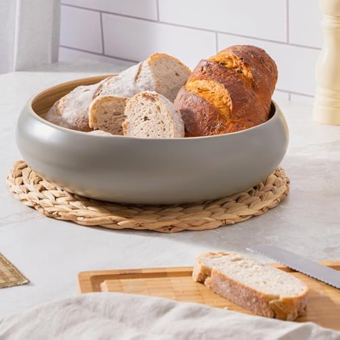 Dehaus Large 30cm Bamboo Fruit Bowl – Grey Wooden Salad Serving Bowl