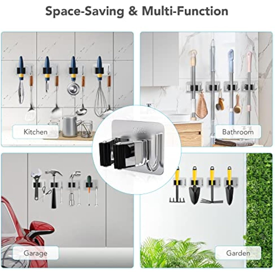 Homeasy Mop and Broom Holder | 4 Pcs Stainless Steel Wall Mount Hanger