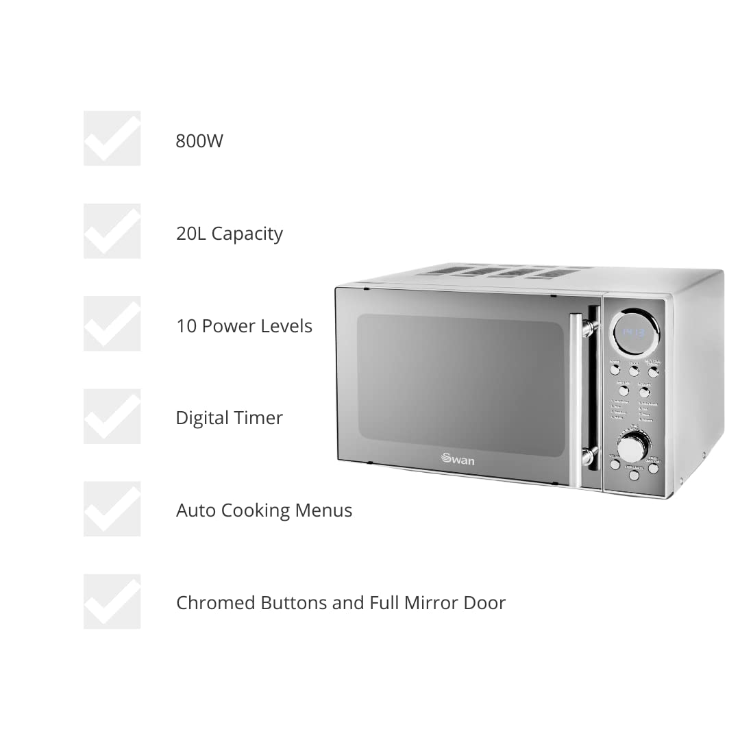 Swan 20L Digital Microwave – 800W with Mirrored Door and 10 Power Levels