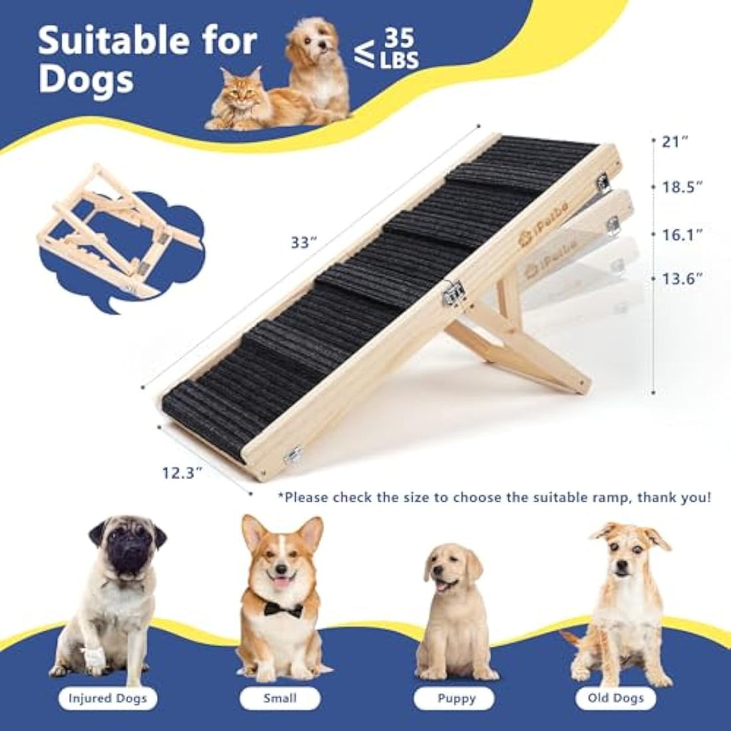 iPetba Adjustable Folding Dog Ramp | Solid Pine Wood Pet Ramp for Sofa