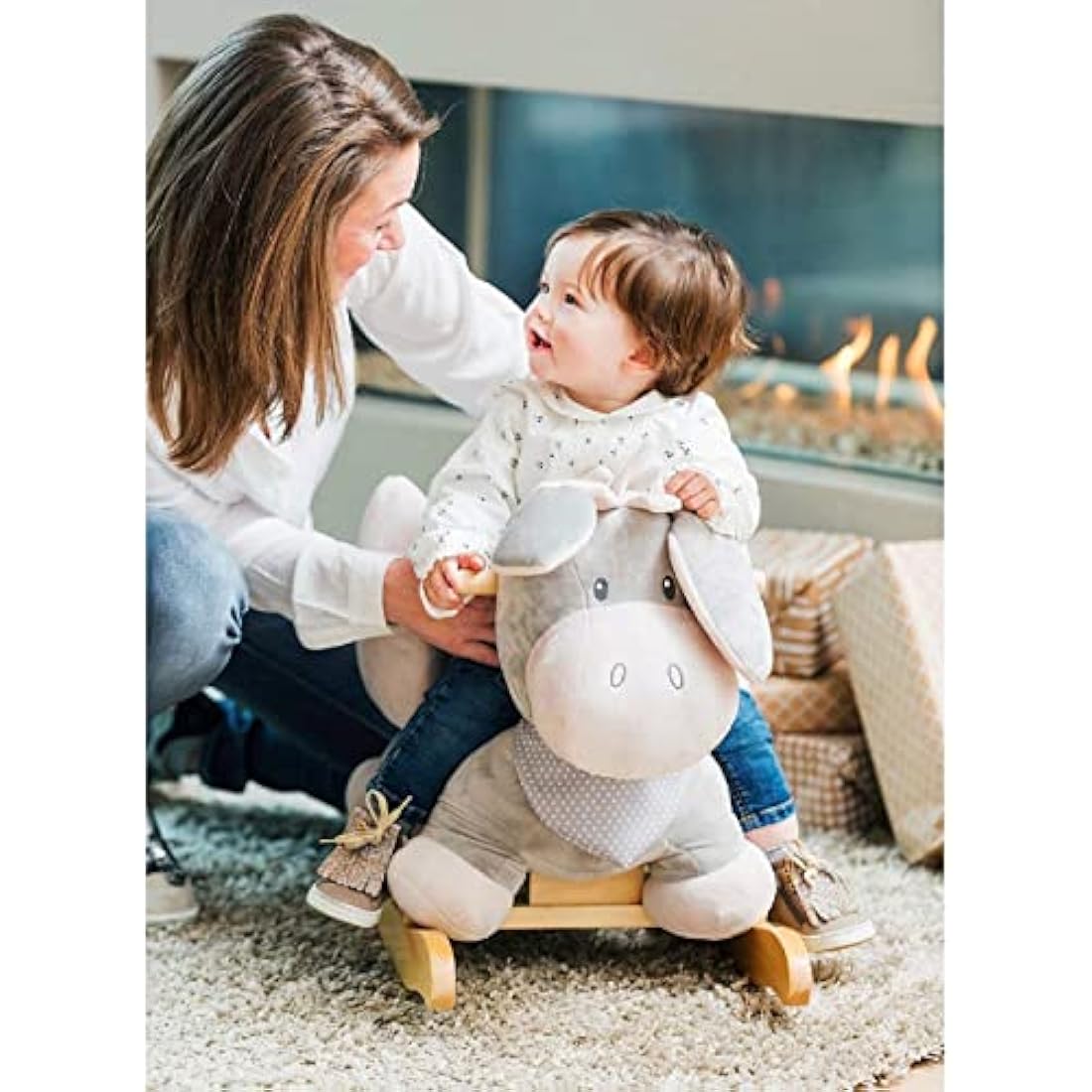 Nattou Donkey Wooden Rocking Animal Toy | Padded Seat & Safety Belt