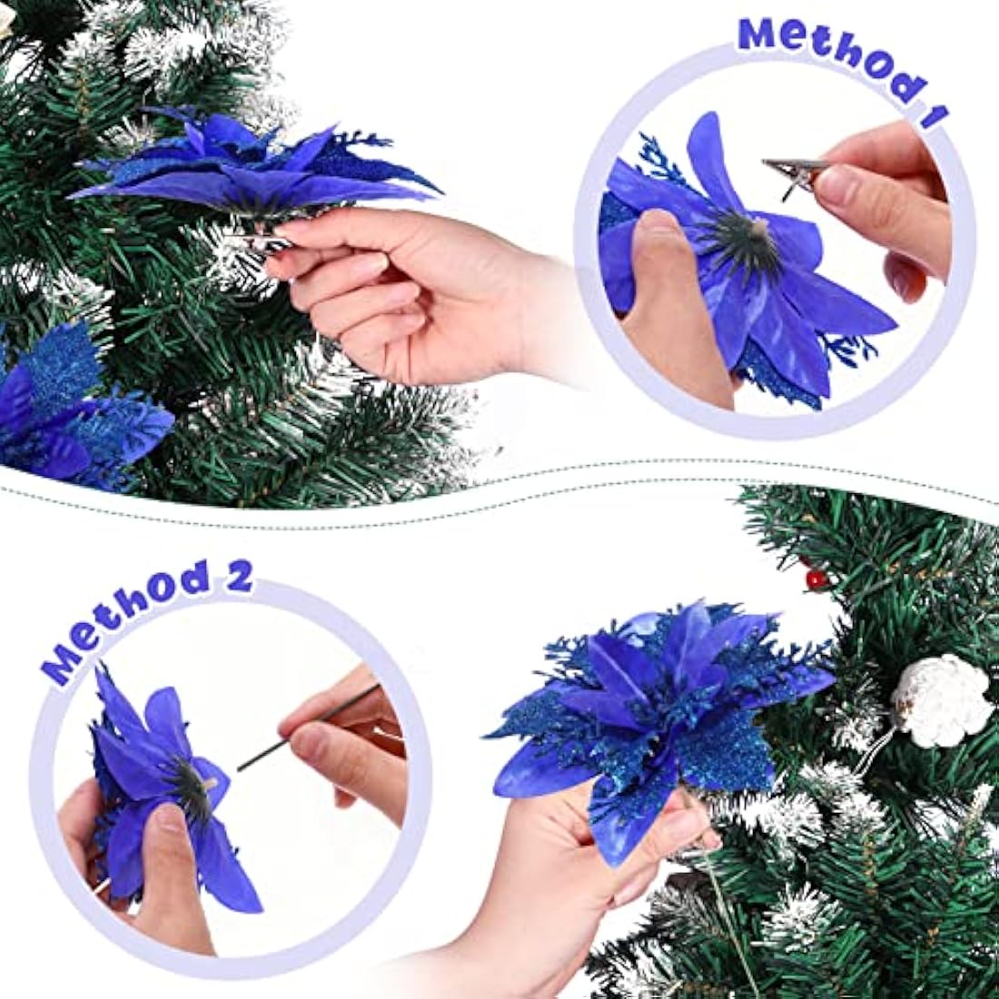 12Pcs Blue Glitter Artificial Poinsettia Christmas Flowers