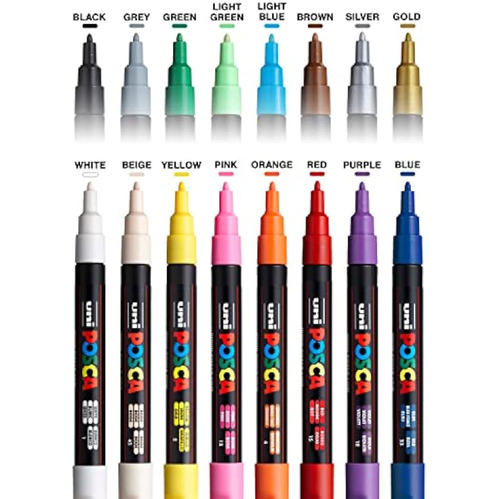 Uni-Ball POSCA Marker Set - 16 Basiskleuren - Fijne Ronde Punt PC-3M