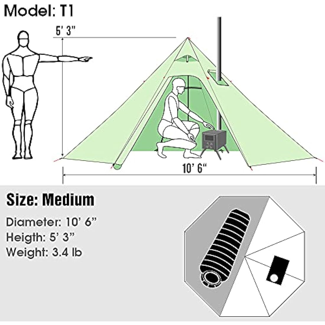 3 Person Lightweight Tipi Hot Tent | Waterproof Polyester