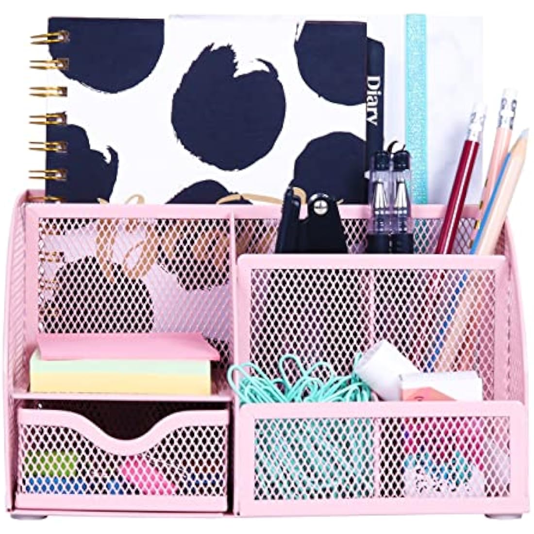 Exerz Mesh Desk Organiser | 7-Compartment Metal Office Caddy – Light Pink