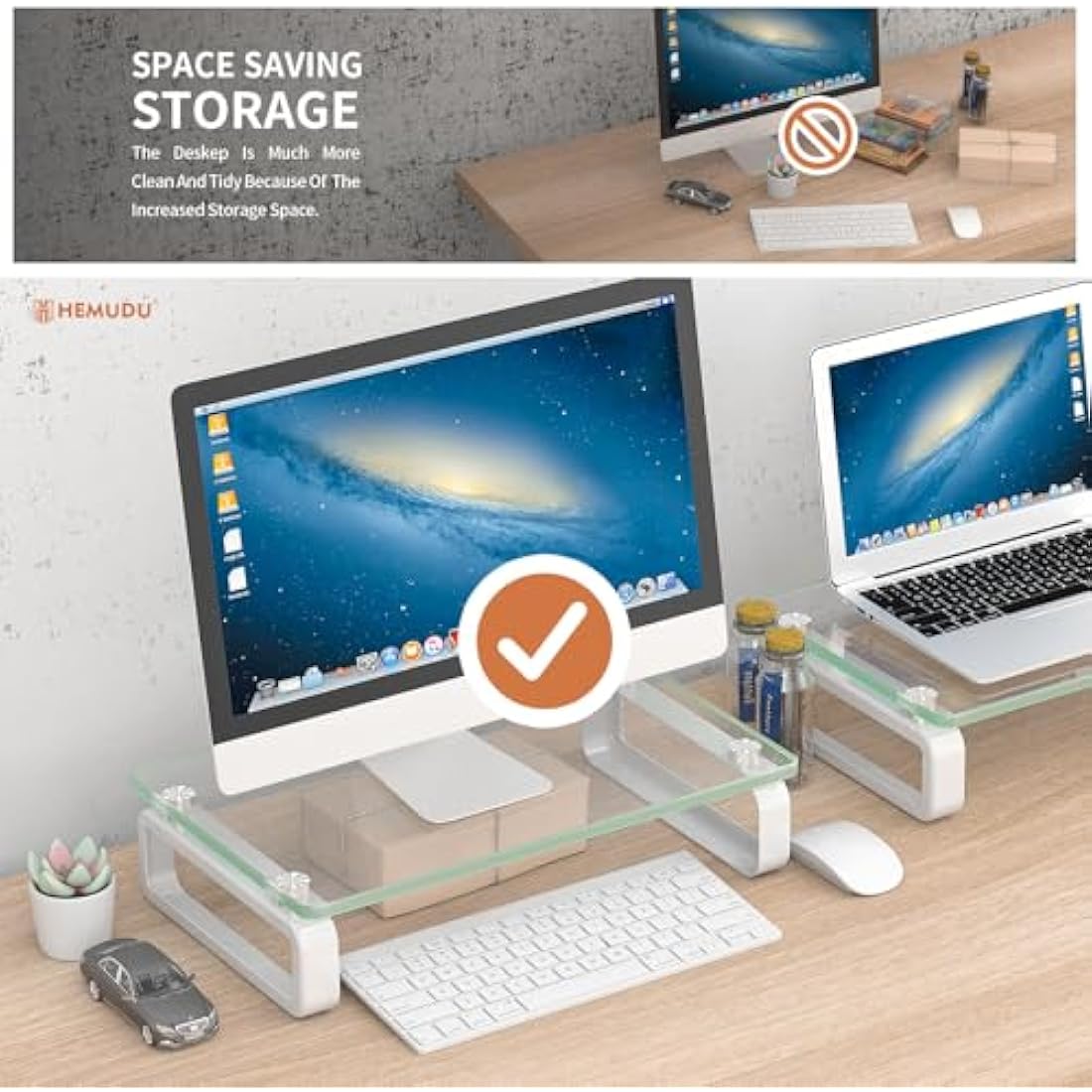 Hemudu Tempered Glass Monitor Stand Riser – 2 Pack Desktop Organizer