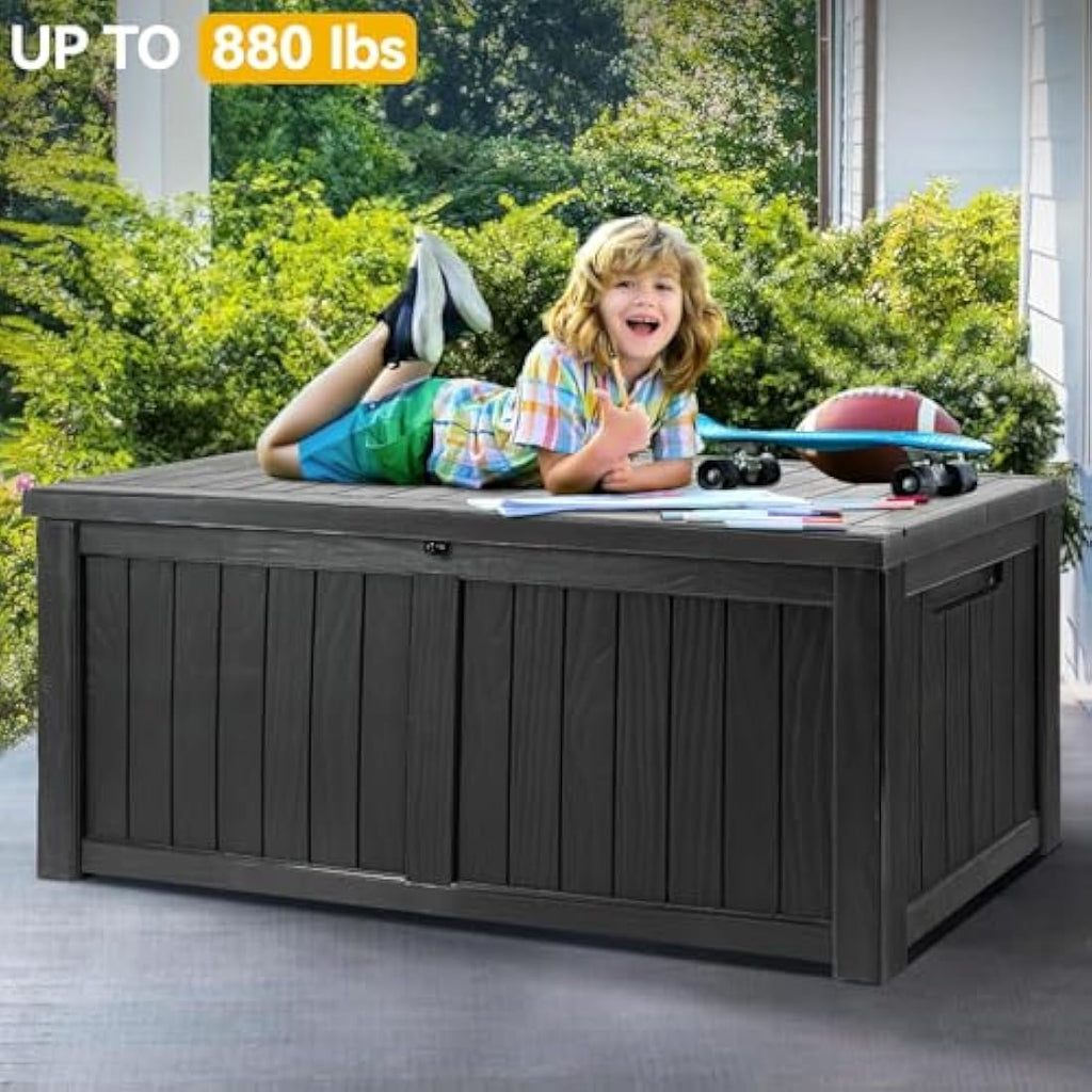 EAZILIFE 430L Garden Storage Box | Heavy Duty Outdoor Bench - Dark Grey