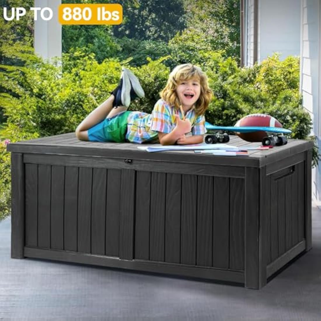 EAZILIFE 430L Garden Storage Box | Heavy Duty Outdoor Bench - Dark Grey