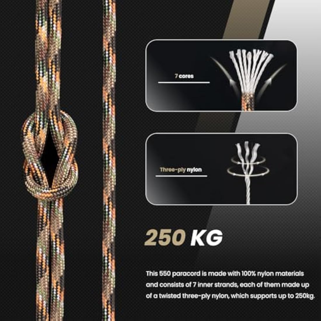 Abma Cord 550 Paracord – 100m Nylon Type III 7 Strand Rope, Hidden Camo
