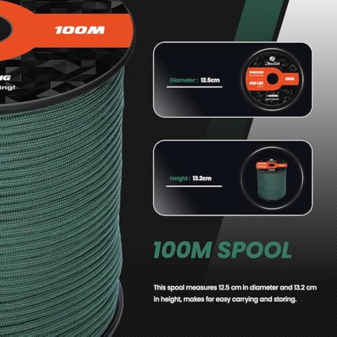 Abma Cord 4mm Nylon Paracord – 100m Type III 9-Strand Rope, Dark Green