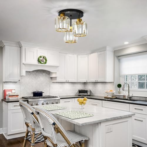 FORCOSO Crystal Ceiling Light – 3-Light Modern Black and Gold Chandelier