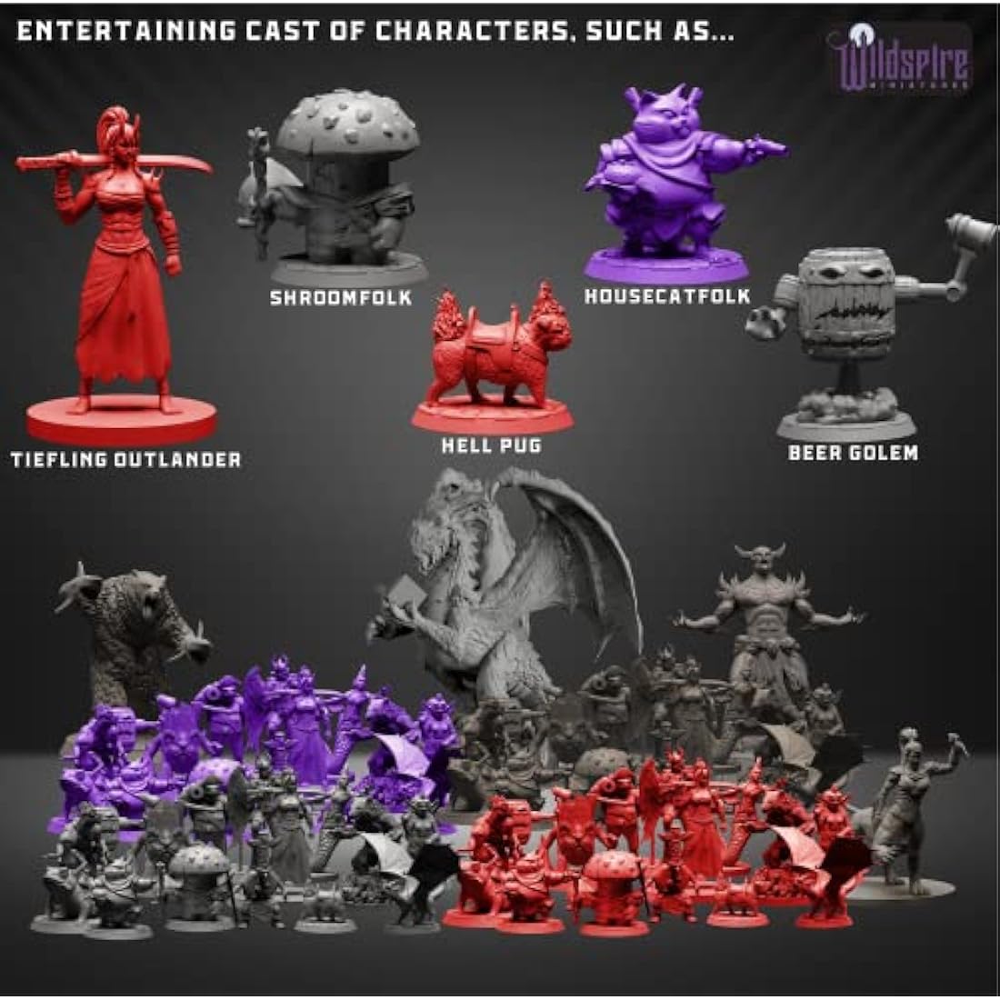 Wildspire Fantasy DND Miniatures - 68 Unpainted Bulk Figures with Dragon