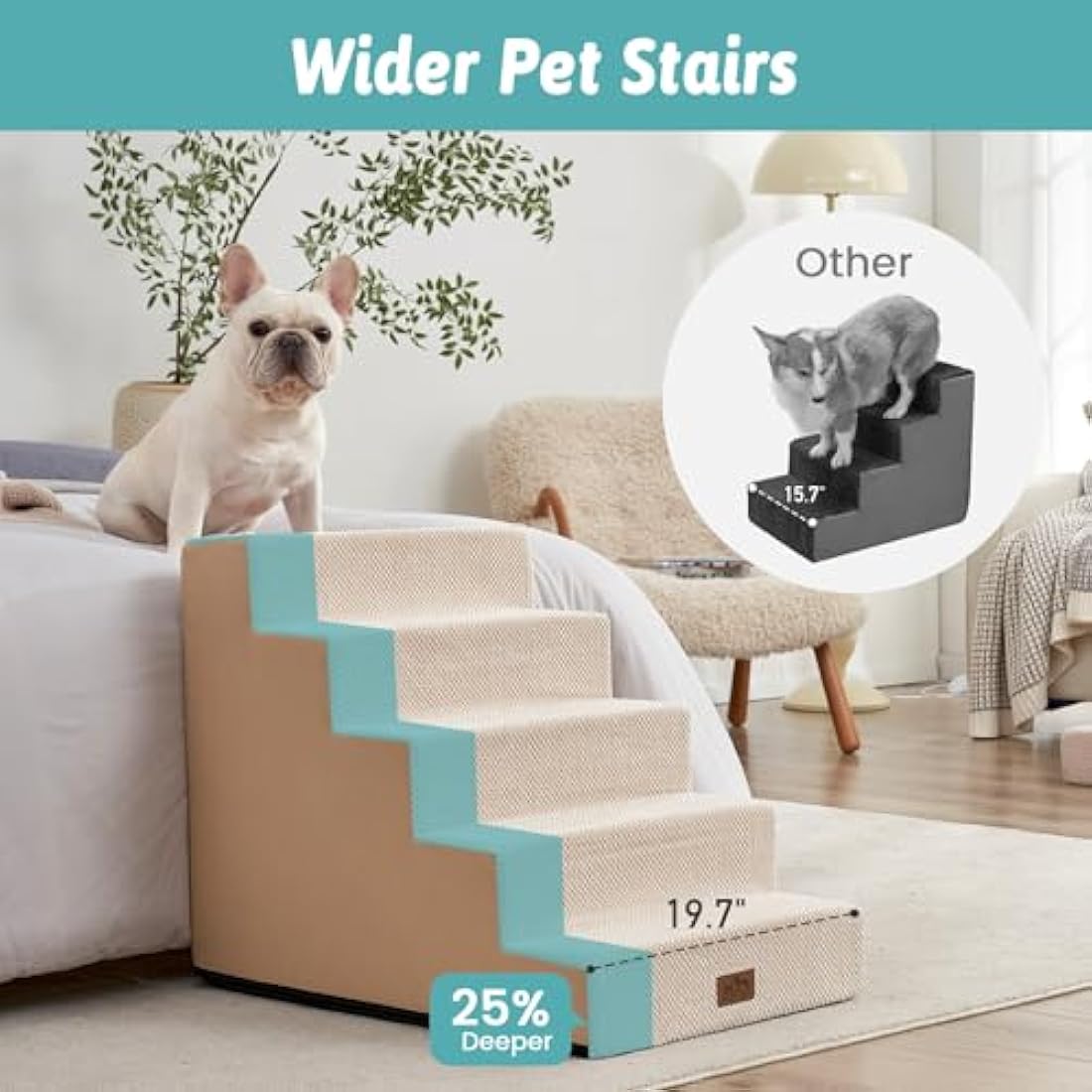 COZY KISS 5-Tier Wide Foam Dog Stairs | Non-Slip Pet Steps for High Beds