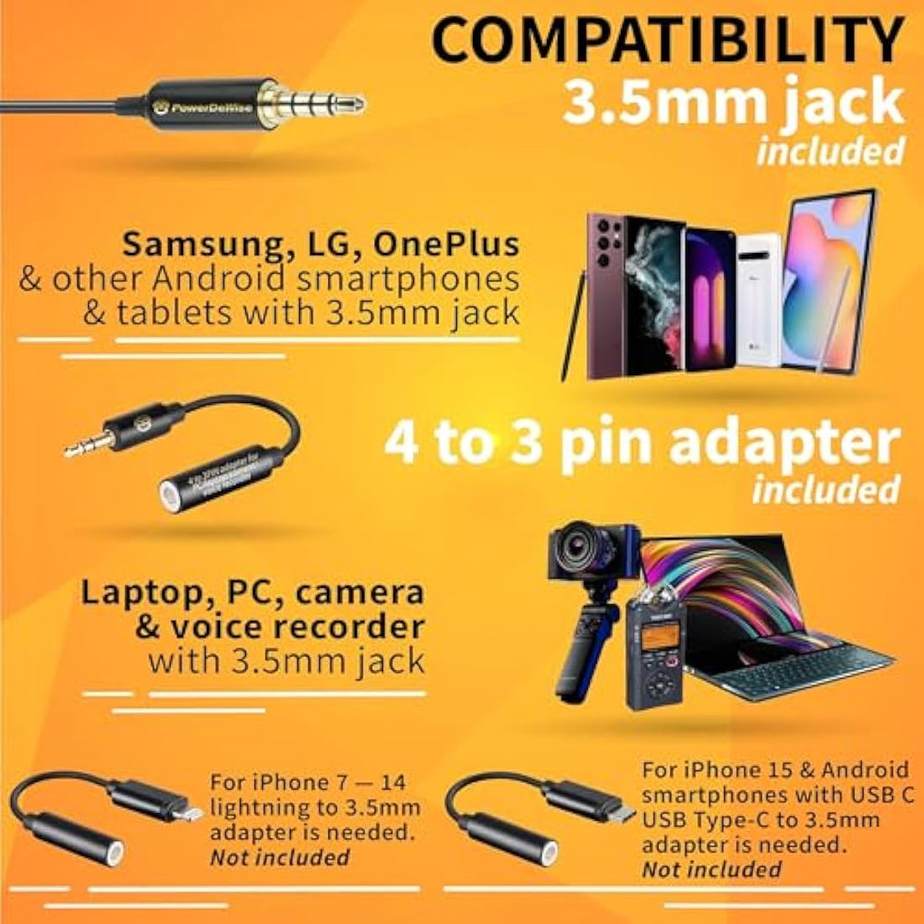 PowerDeWise Lavalier Lapel Microphone – 3.5mm Clip-On Mic for Recording