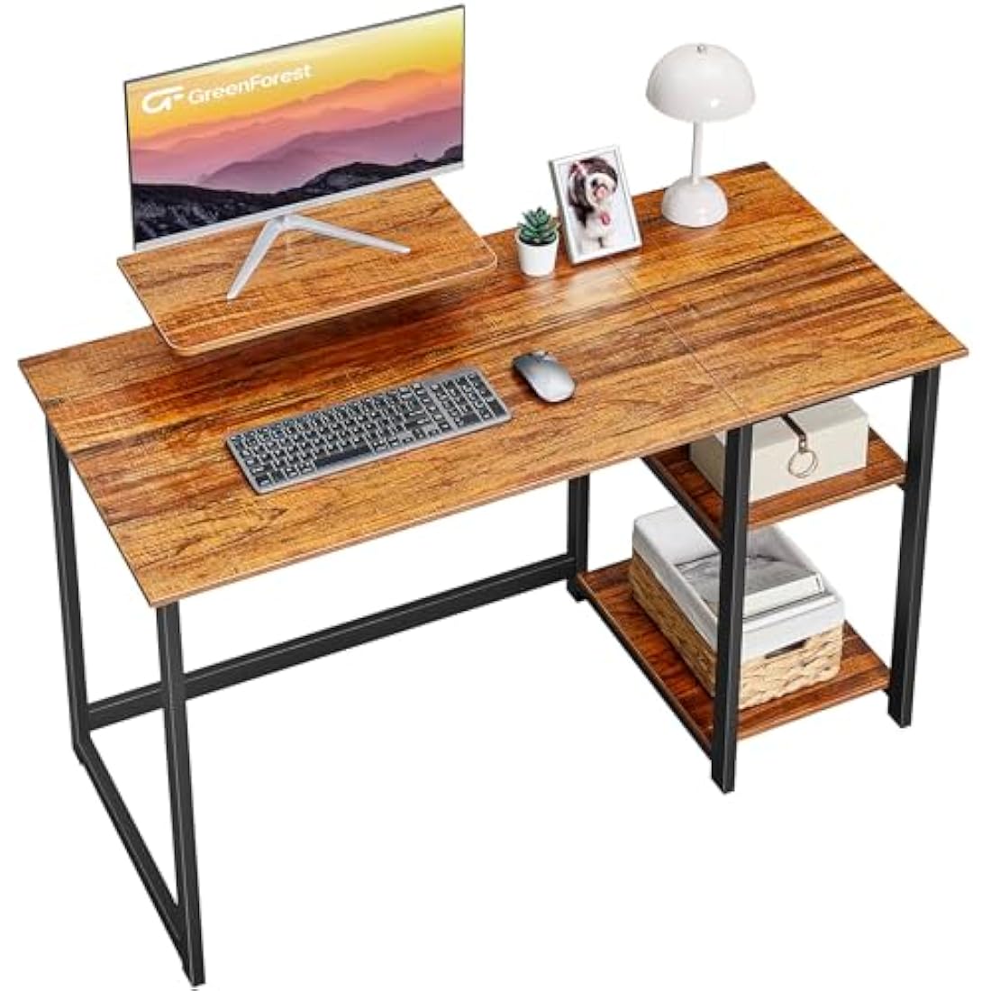 Jolof Store Computer Desk with Monitor Stand and Shelves – Brown