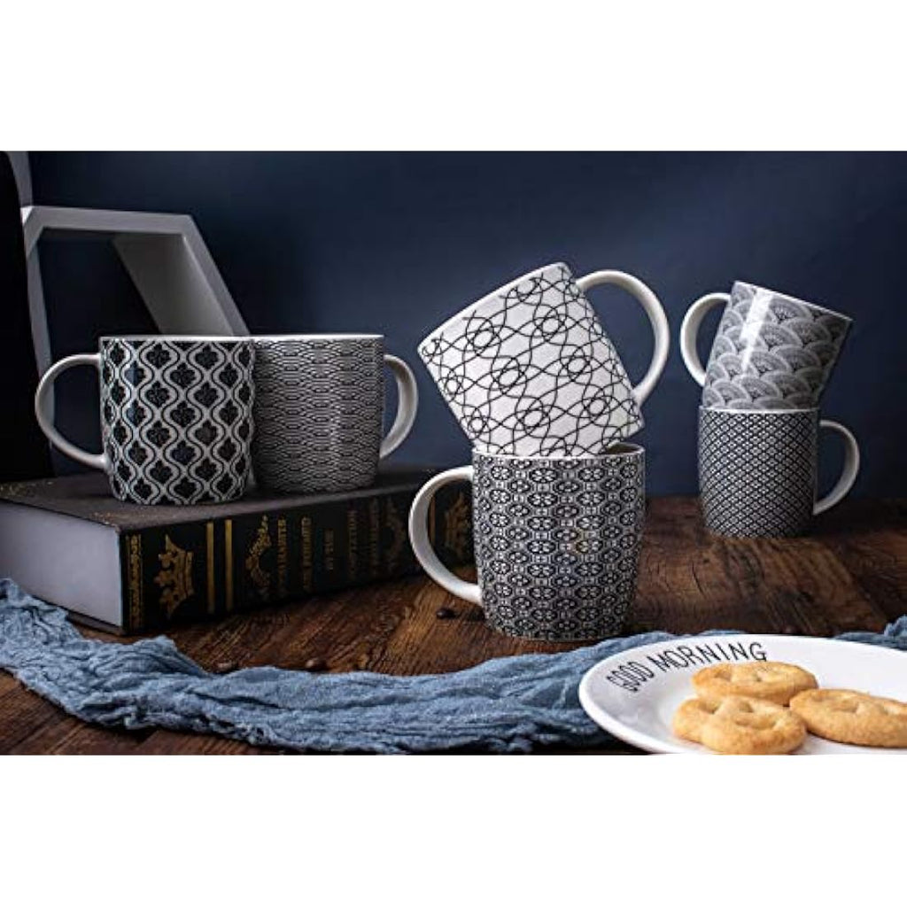 MACHUMA Ceramic Coffee Mugs Set of 6 – 11.5oz Black & White Geometric