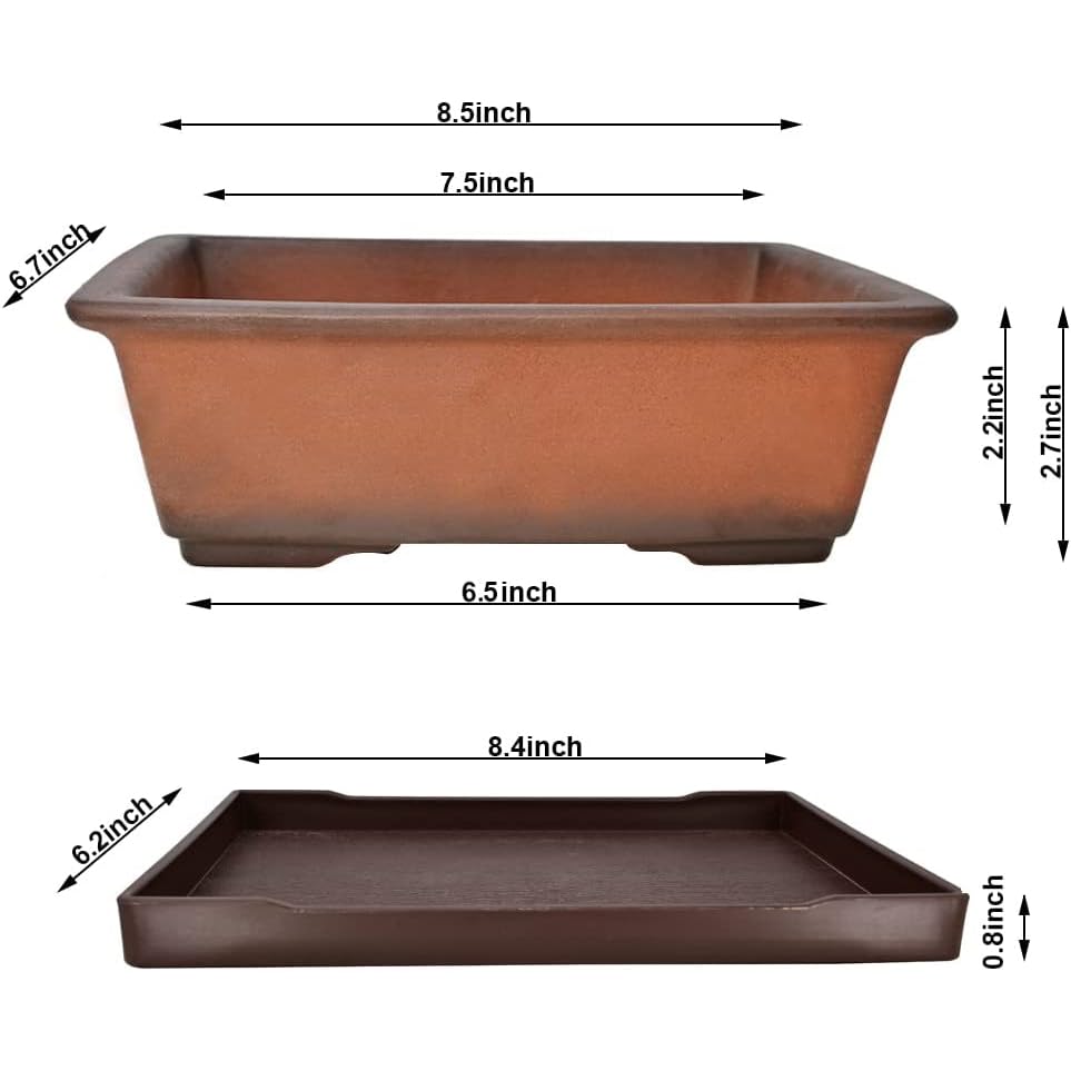 MUZHI 8.5 Inch Zisha Clay Bonsai Planter Pot with Tray - Unglazed Rectangle