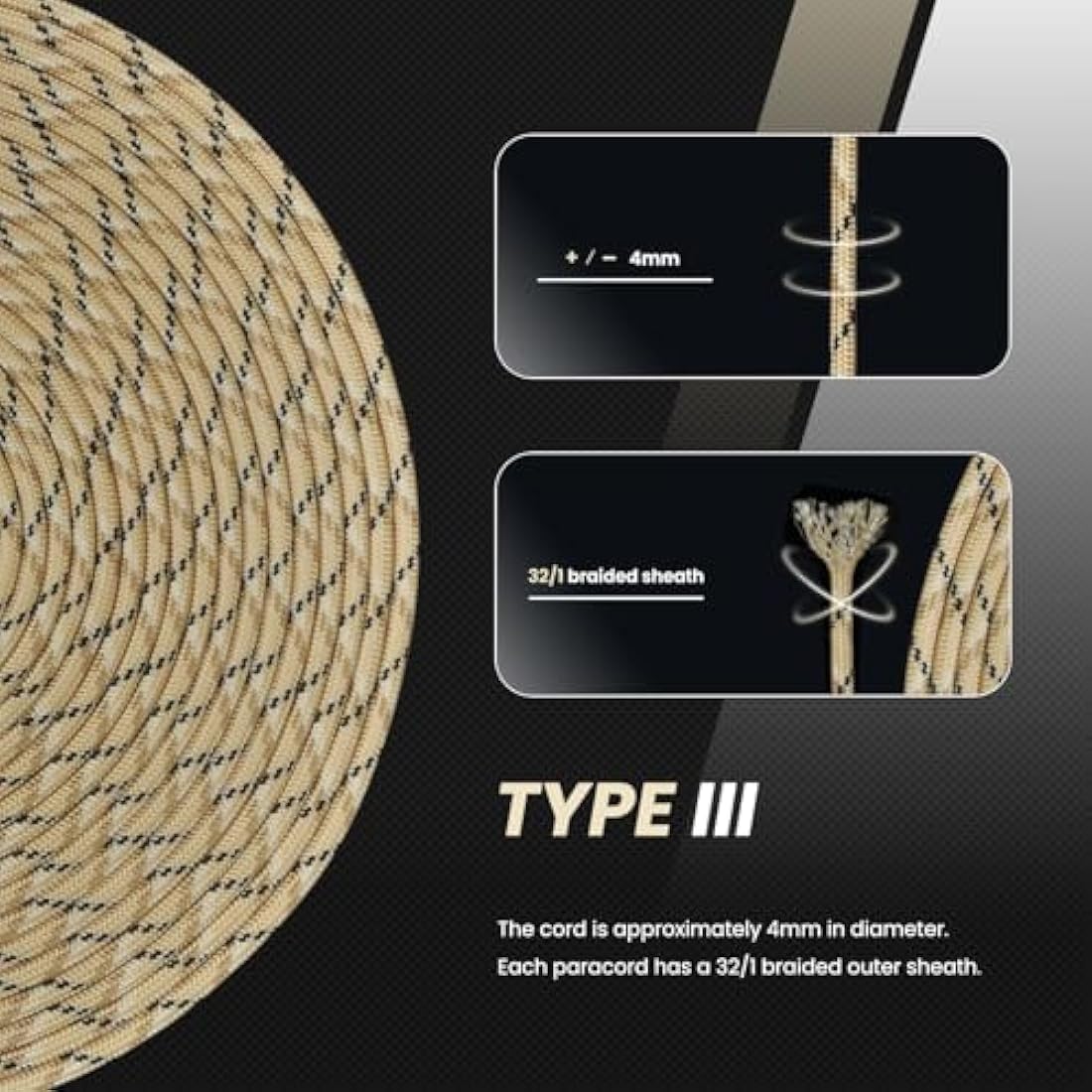 Abma Cord 4mm Type III Nylon Paracord – 9 Strands, 100m Desert Camo