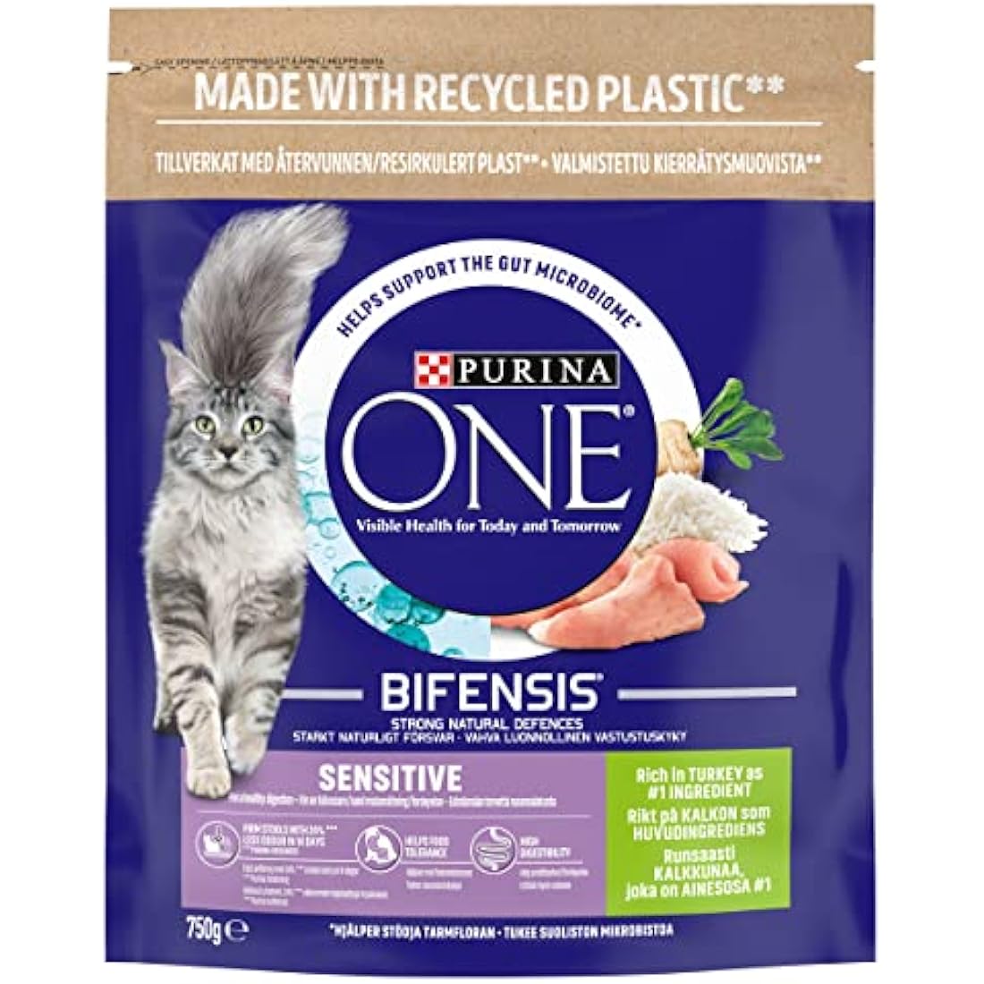Purina One Sensitive Turkey Dry Cat Food for Gut Health - 4 x 750g